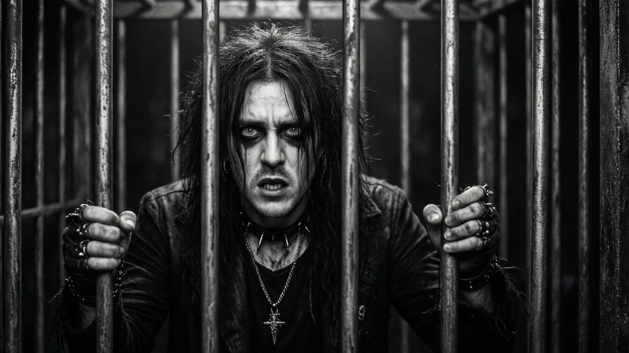 Scarlxrd in a cage, trapped, gritty black and white.