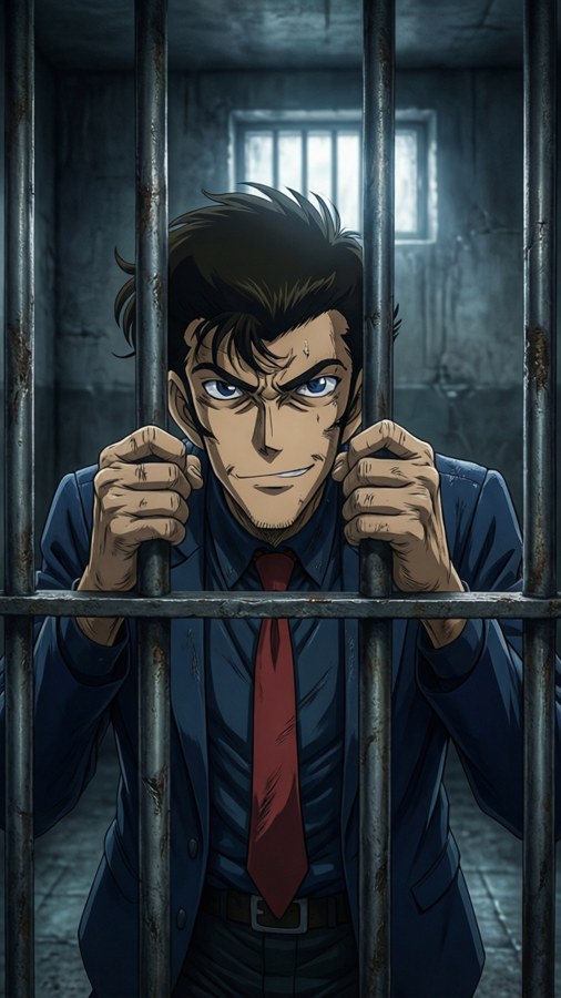 Lupin en prison avec un regard de défi.