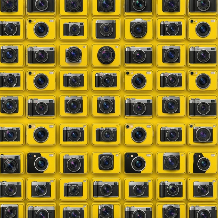 Seamless pattern of multiple iPhone cameras each inside a yellow square.