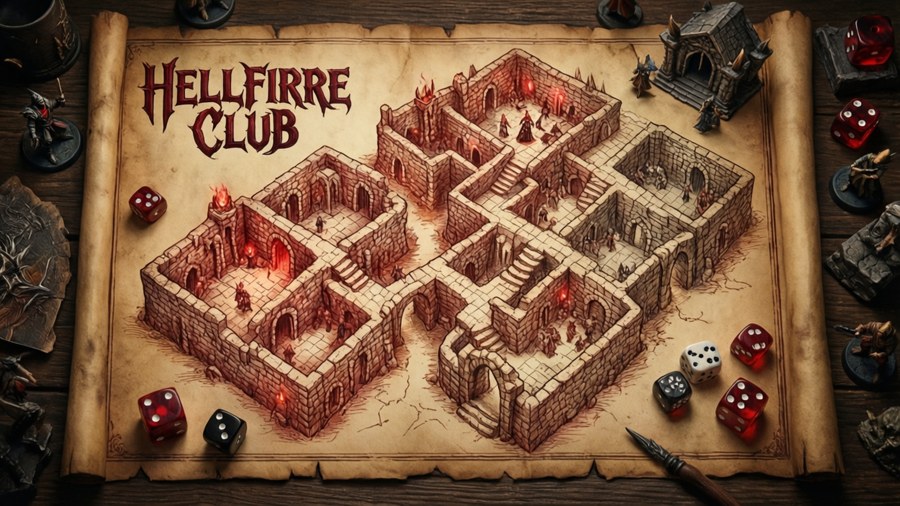Overhead D&D campaign map with Hellfire Club dice, vintage