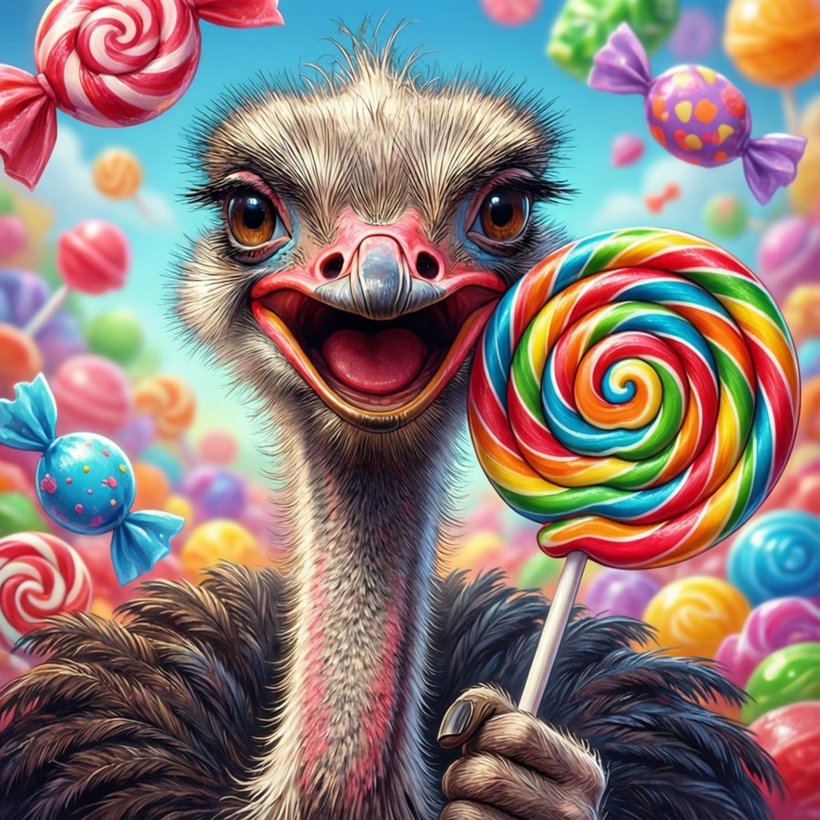 Emu Otori laughing with a giant lollipop against a colorful candy background.