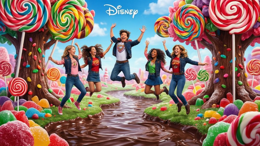 Disney Squad having fun in a giant candy land with lollipop trees and chocolate rivers.