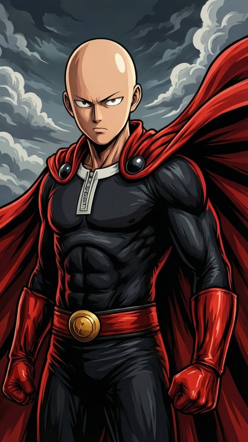 Saitama con capa roja fluyendo, arte vectorial negro y rojo.