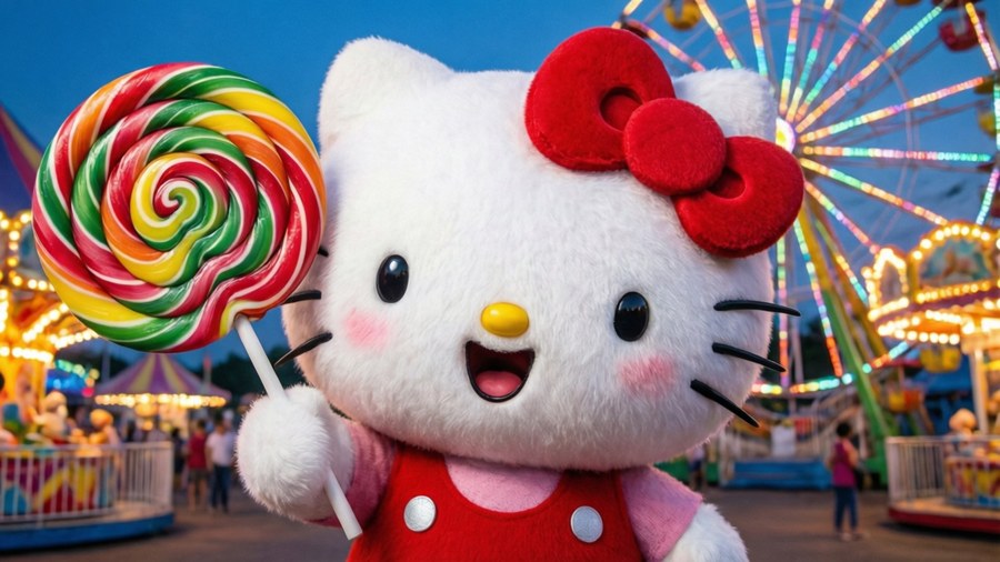 Hello Kitty se diverte em um carnaval divertido com um pirulito gigante.