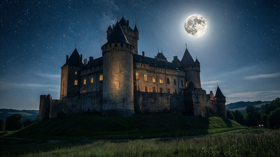 Uma vista noturna pacífica de um castelo medieval sob uma lua cheia.