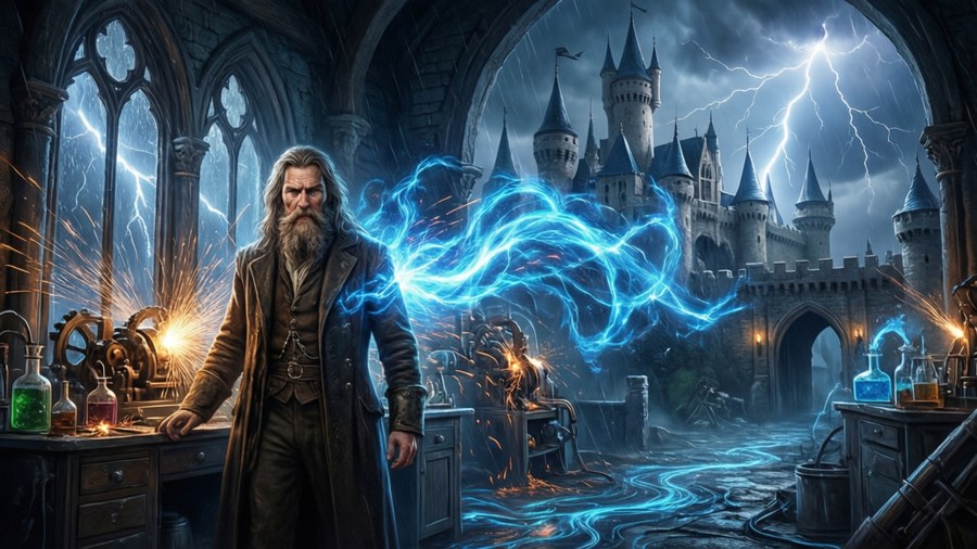 Igor in a castle lab with lightning and machinery.