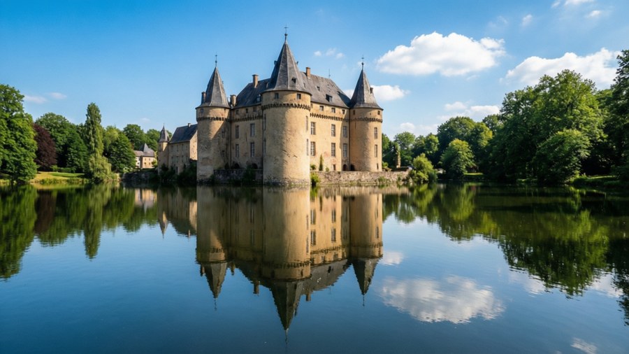 Spiegelachtige weerspiegeling van Kasteel Bettembourg in een rustig meer.
