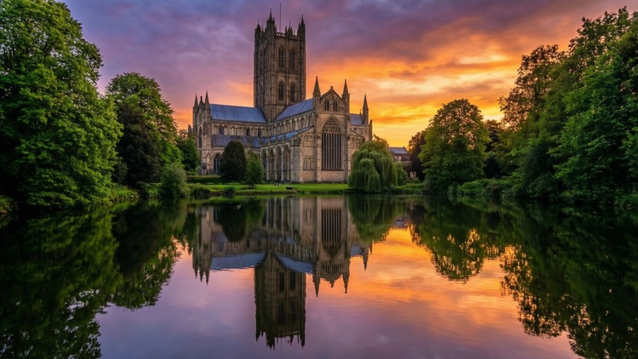 Peaceful reflection of Wells Cathedral in pond at sunset