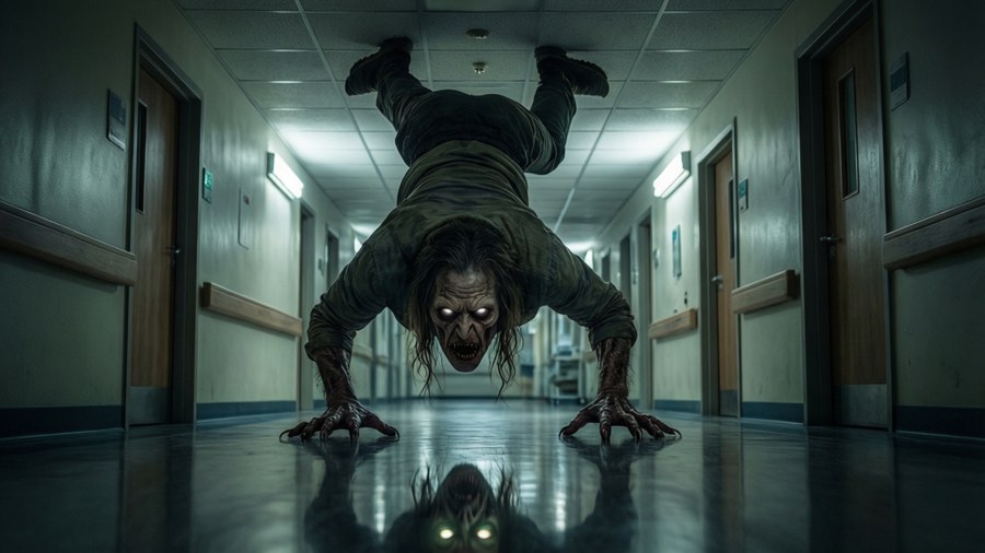 The Outsider crawling upside down in a hospital corridor.