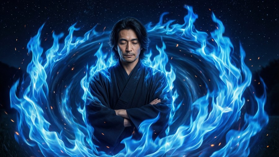 Sho Kusakabe surrounded by a blue flame vortex under a starry sky