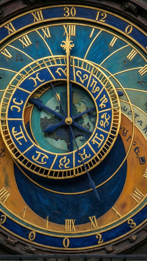 An ornate steampunk clock with zodiac signs as markers and gold filigree.