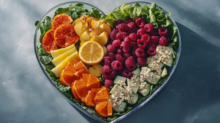 healthy,fruit,salad,heart,fresh,food,vegetables,citrus,raspberries,lemon,orange,peach,cucumber,greens,oats,nutrition,organic,diet,colorful,detox