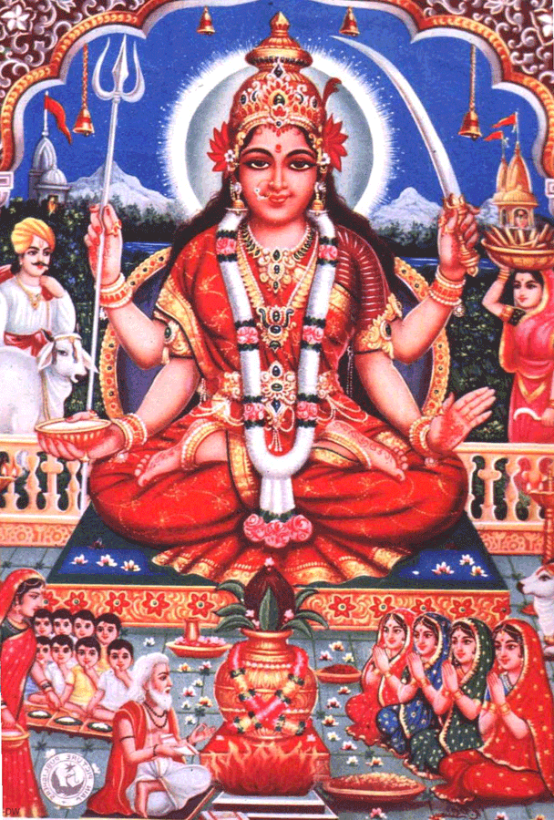 Santoshi Maa datter af Lord Ganesh Stemples på mønstret beigeblå baggrund.