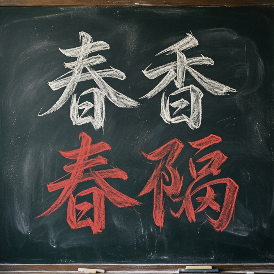 A chalkboard background with white and red spring couplet calligraphy.
