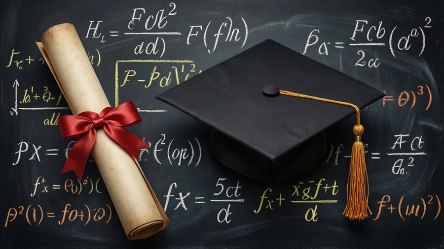 Scroll on chalkboard with equations.