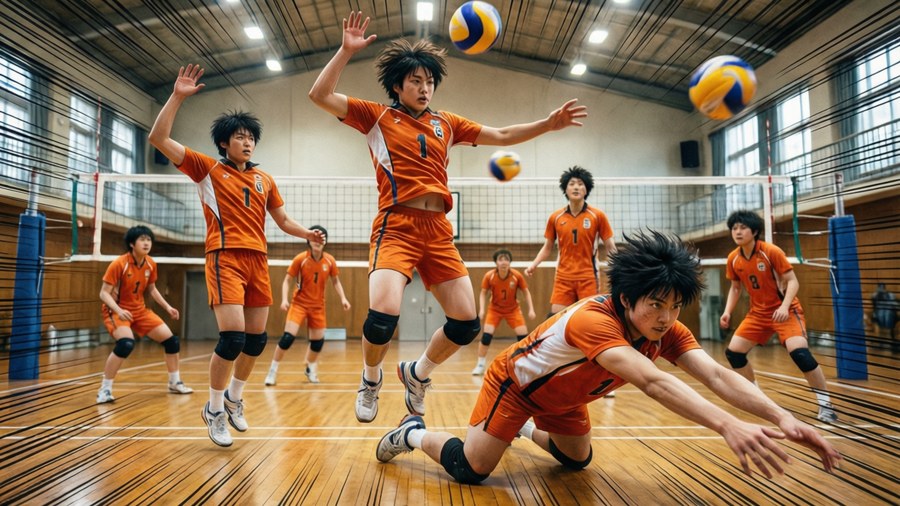 Energetic volleyball practice at Johzenji High with players in motion