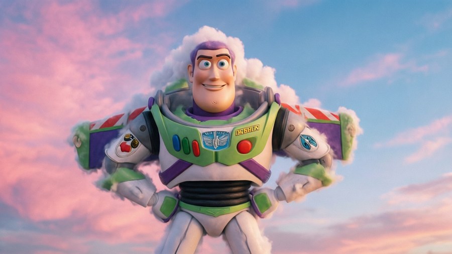 Clouds formed like Woody, Buzz, and Jessie in a pastel sky.