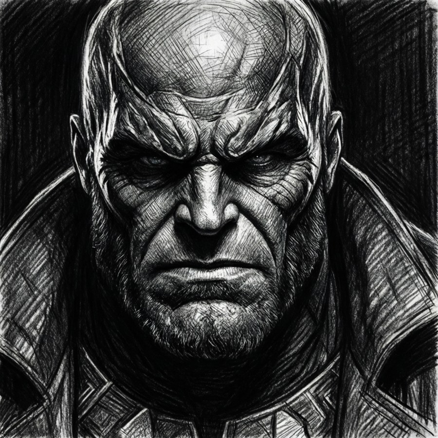 Black and white charcoal sketch of Doctor Doom with dramatic shading.