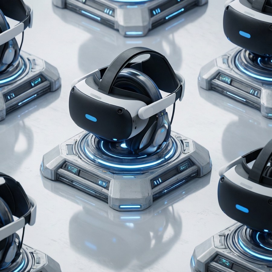 Multiple Valve Index headsets on futuristic charging stations.