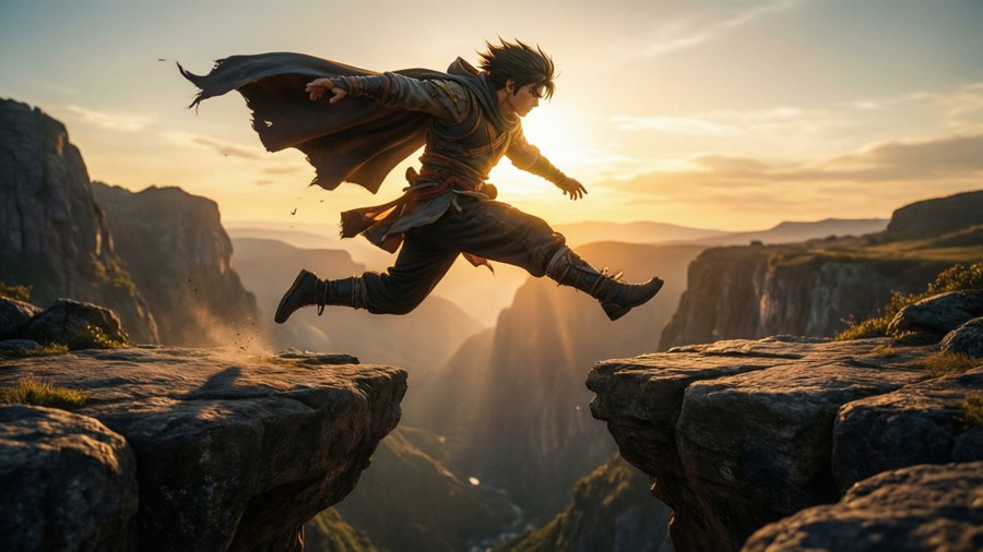 Sunraku jumping across a gap between floating rocks at sunset