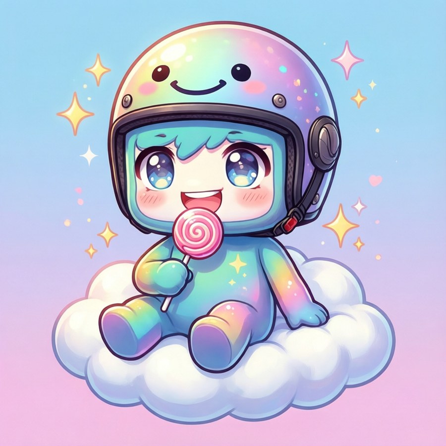 A cute chibi version of Marshmello sits on a cloud with a lollipop.