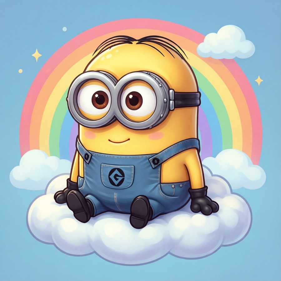 A cute chibi version of Vector on a cloud with rainbow.