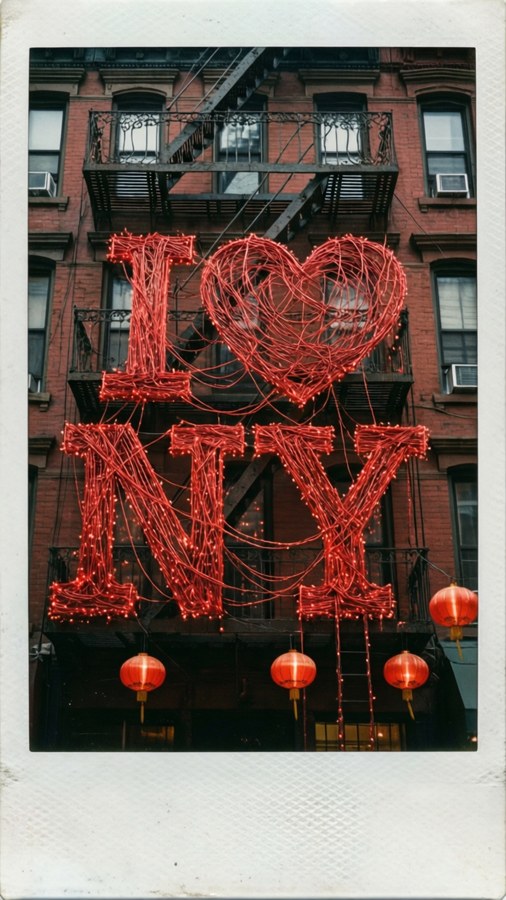 Polaroid tangga darurat dengan lampu tali merah berbentuk I ♥ NY, Chinatown