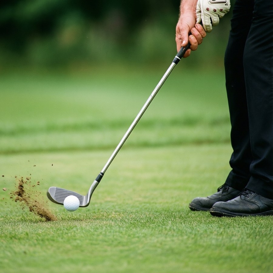 Golfspiller treffer ball med kølle på grønt gress