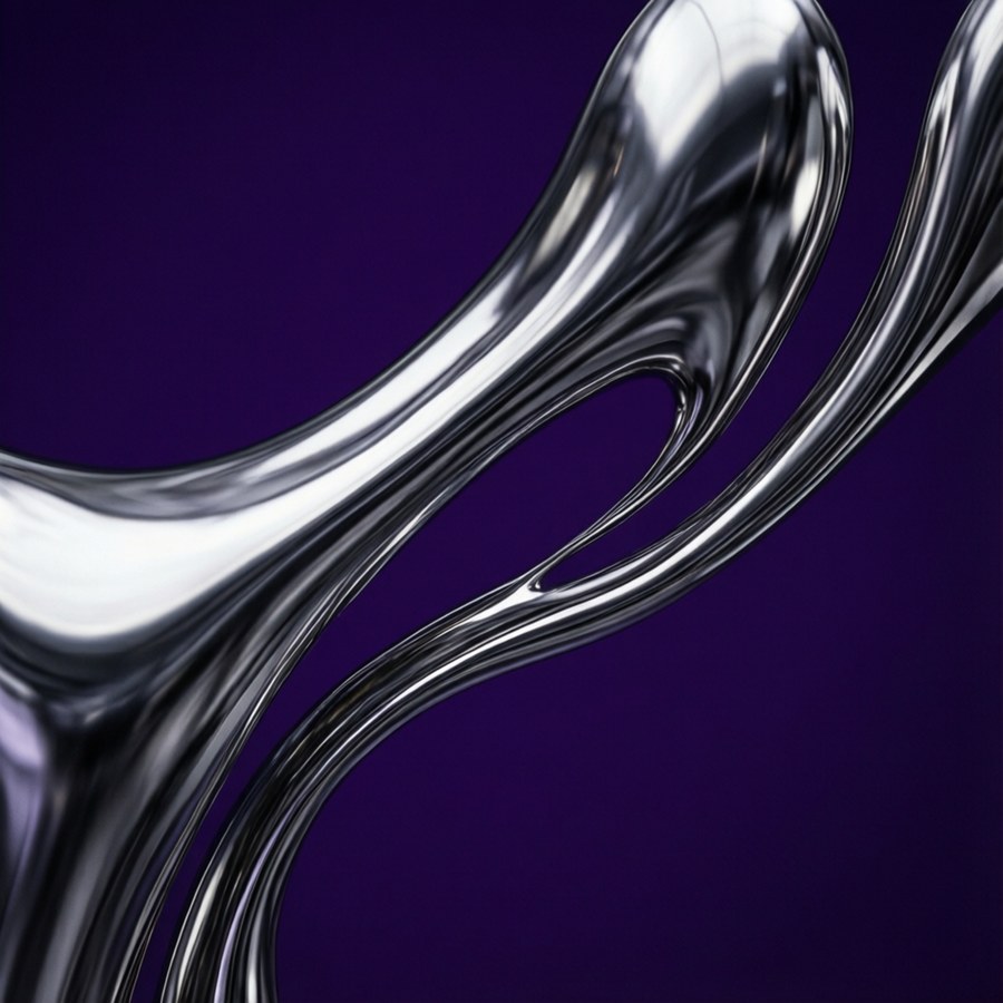Abstract chrome curves on purple background, Y2K minimalism.