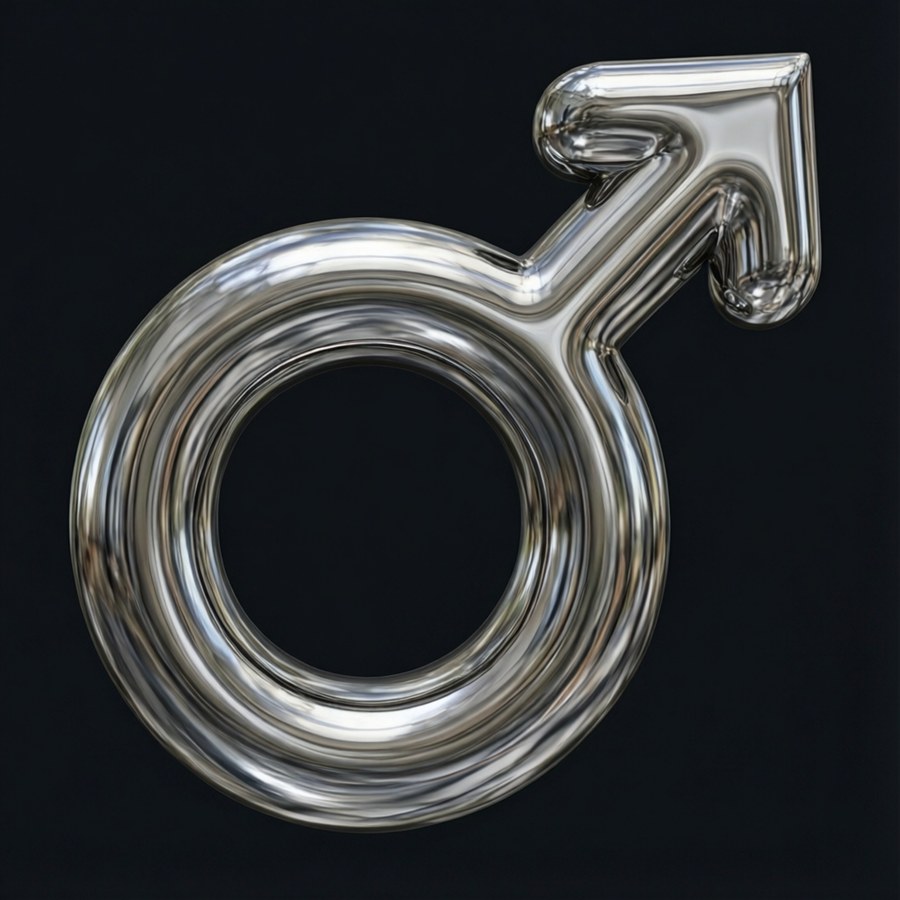 A sleek wallpaper of a 3D chrome male symbol with mirror-like reflections.