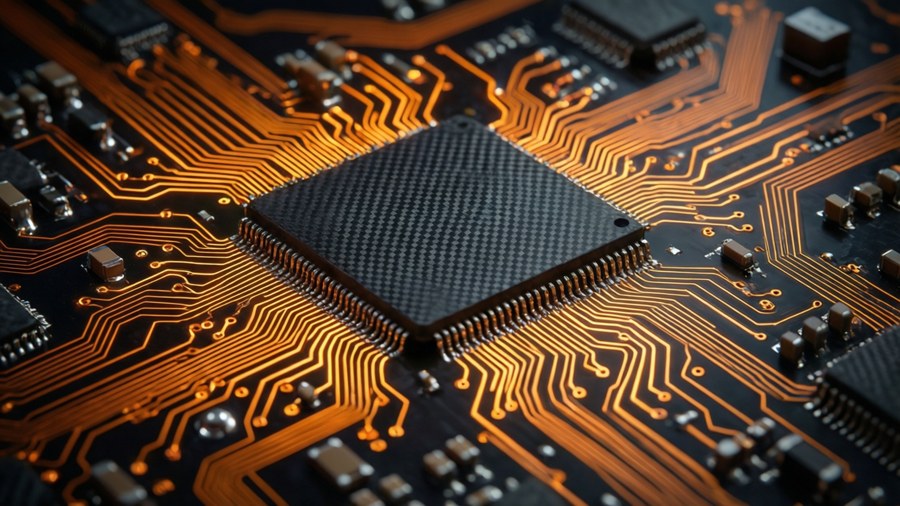 Macro shot of glowing circuit board with gold traces on carbon fiber