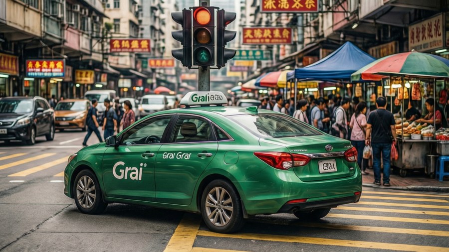 A vibrant scene of a GrabCar at a city intersection, capturing the hustle of urban life.