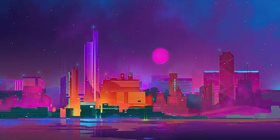 CiudadSynthwave con edificios naranjas.