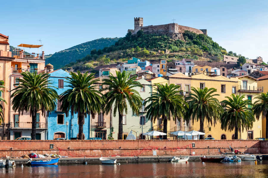 Mediterrane Stadt am Wasser mit Palmen