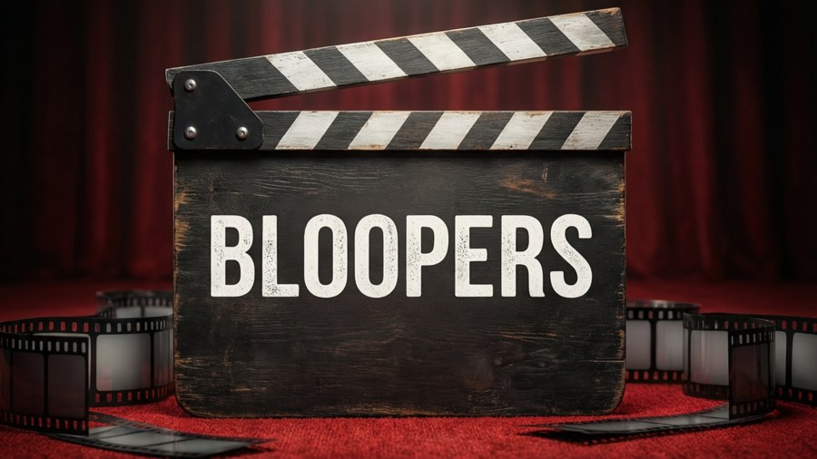 A realistic clapperboard with 'Bloopers' text and film strips for a cinematic wallpaper.