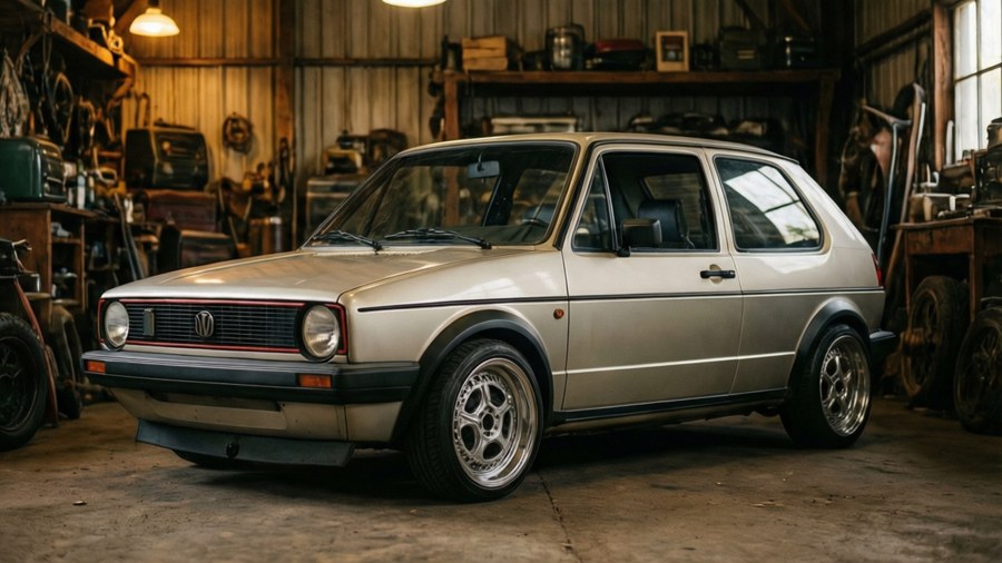 Um clássico VW Golf Mk1 em uma garagem vintage, iluminação nostálgica e quente.