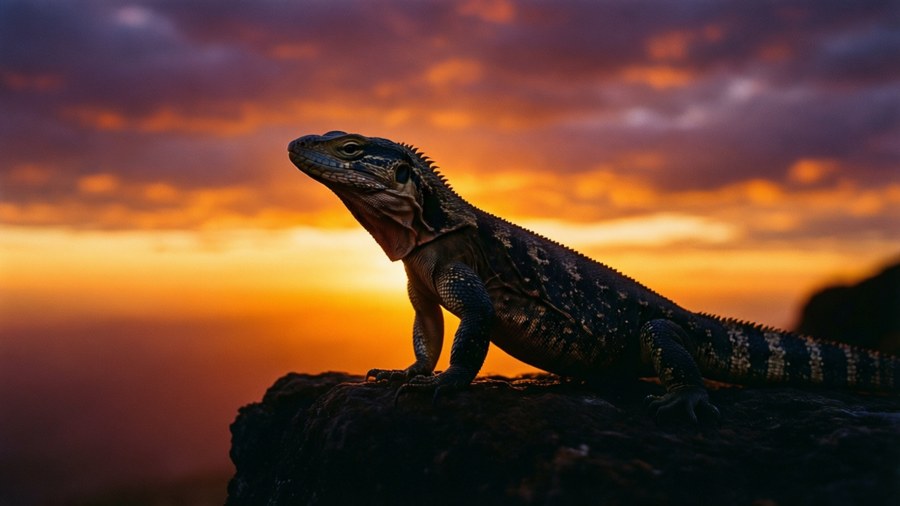 Silhouette di una tuatara contro un tramonto colorato su una scogliera.