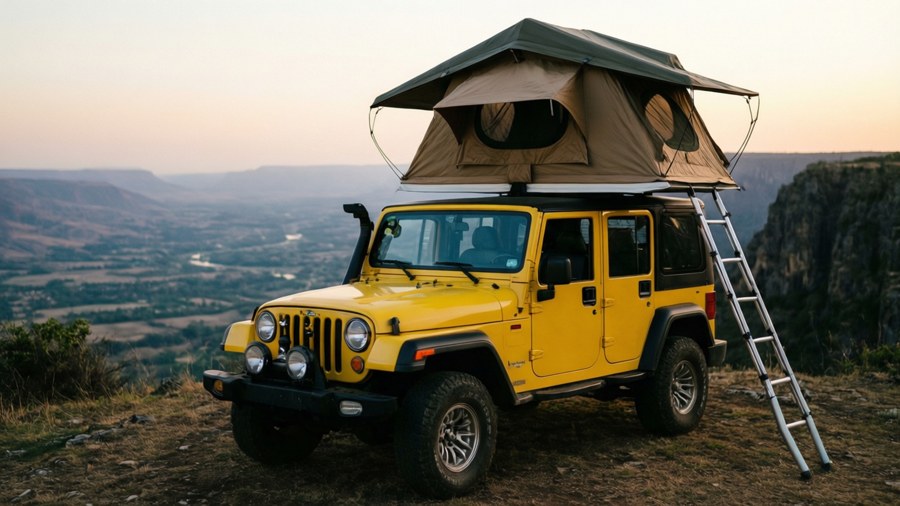Mahindra Thar with rooftop tent on a cliff at dusk