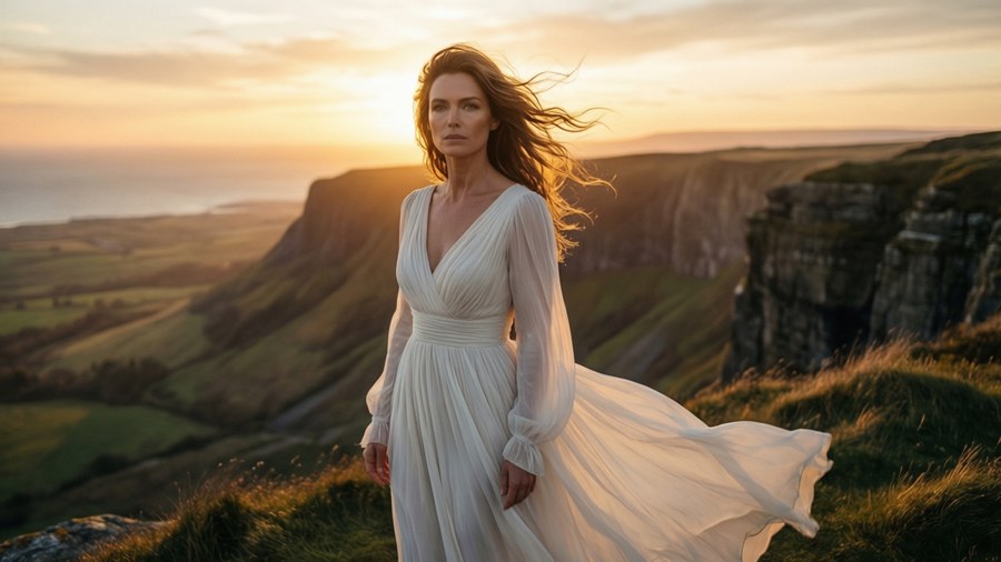 Rachael Taylor i en hvid kjole mod et fantastisk solnedgangslandskab.