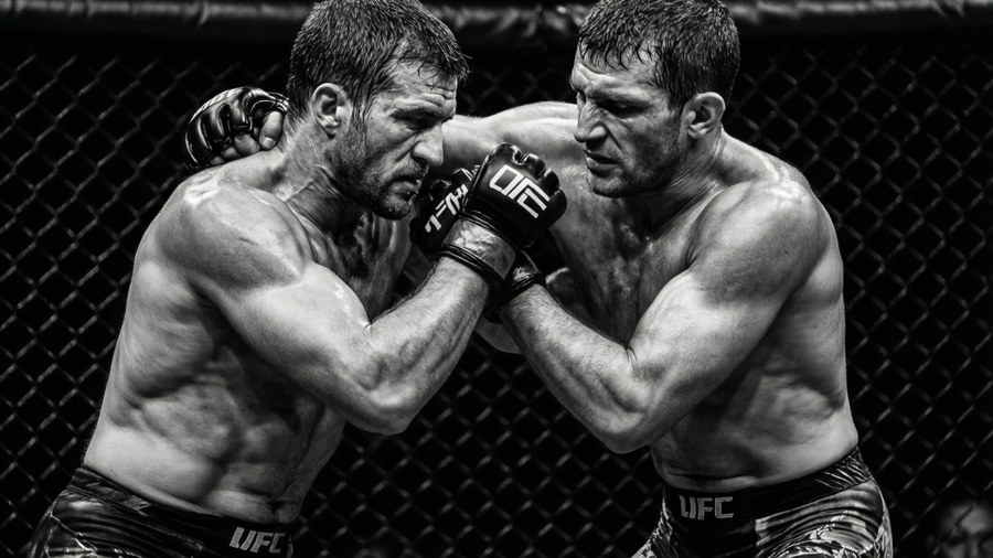 Two MMA fighters locked in combat inside a UFC octagon cage.
