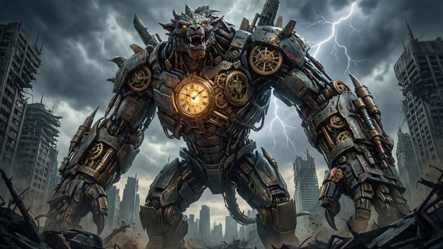 A giant clockwork beast in a destroyed city with lightning and dark clouds.