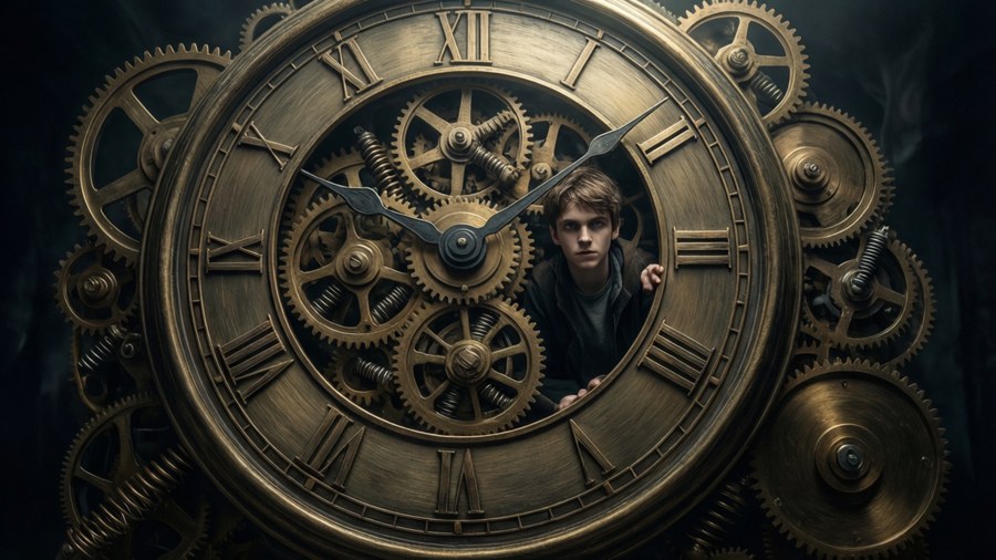 The duo navigates a giant clockwork mechanism with intricate gears and dramatic lighting.