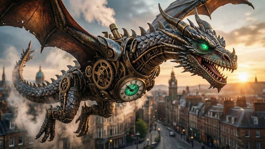 A mechanical dragon flies over a steampunk city