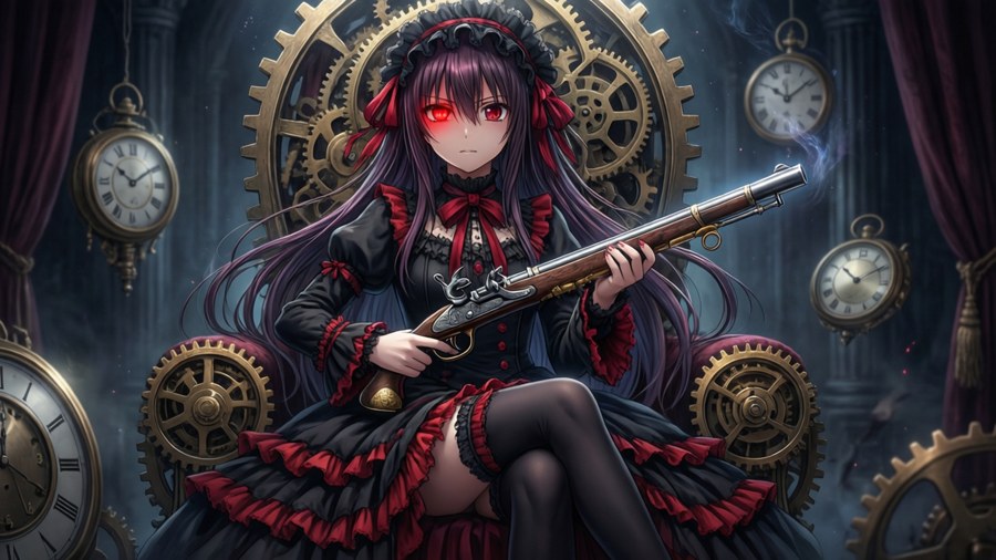Kurumi Tokisaki tronande bland kugghjul, med en flintlåspistol i en gotisk miljö.
