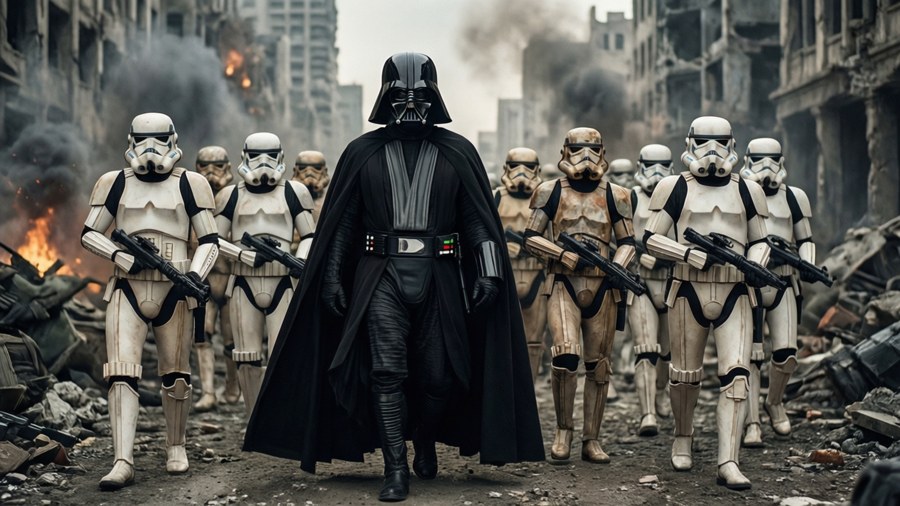 Anakin Skywalker leading clones through a war-torn battlefield, gritty and dramatic.