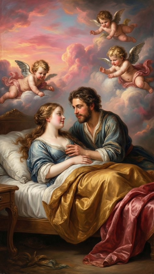 Baroque style painting of couple on clouds with cherubs