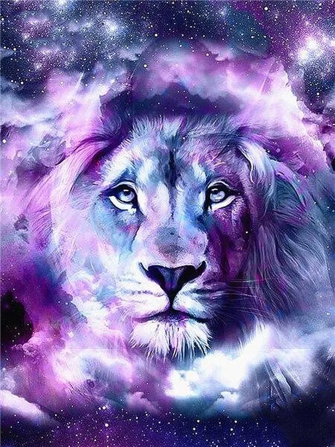 A mesmerizing lion face is set against a cloudy purple galaxy sky.