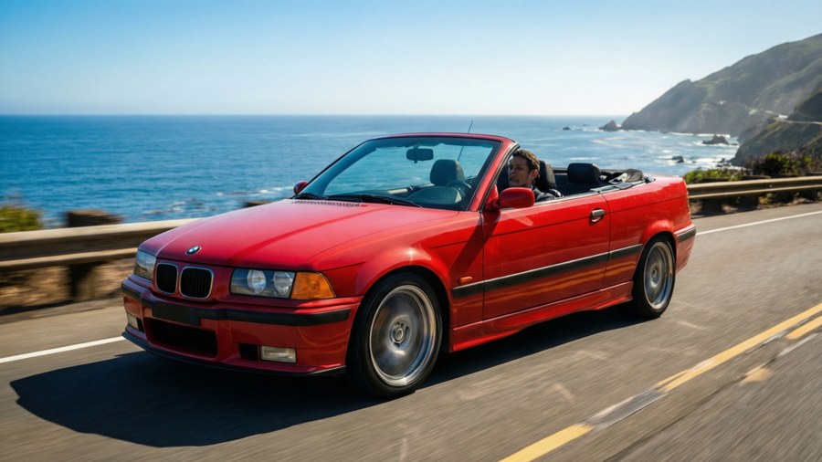 A red BMW E36 convertible cruising along a scenic coastal road on a sunny day, perfect for summer wallpaper.