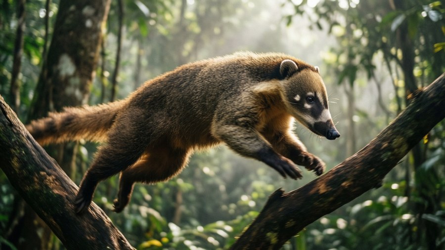 Energetic coati leaping between branches in a misty rainforest