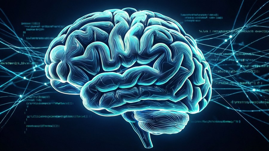 A futuristic brain composed of code and neural pathways.